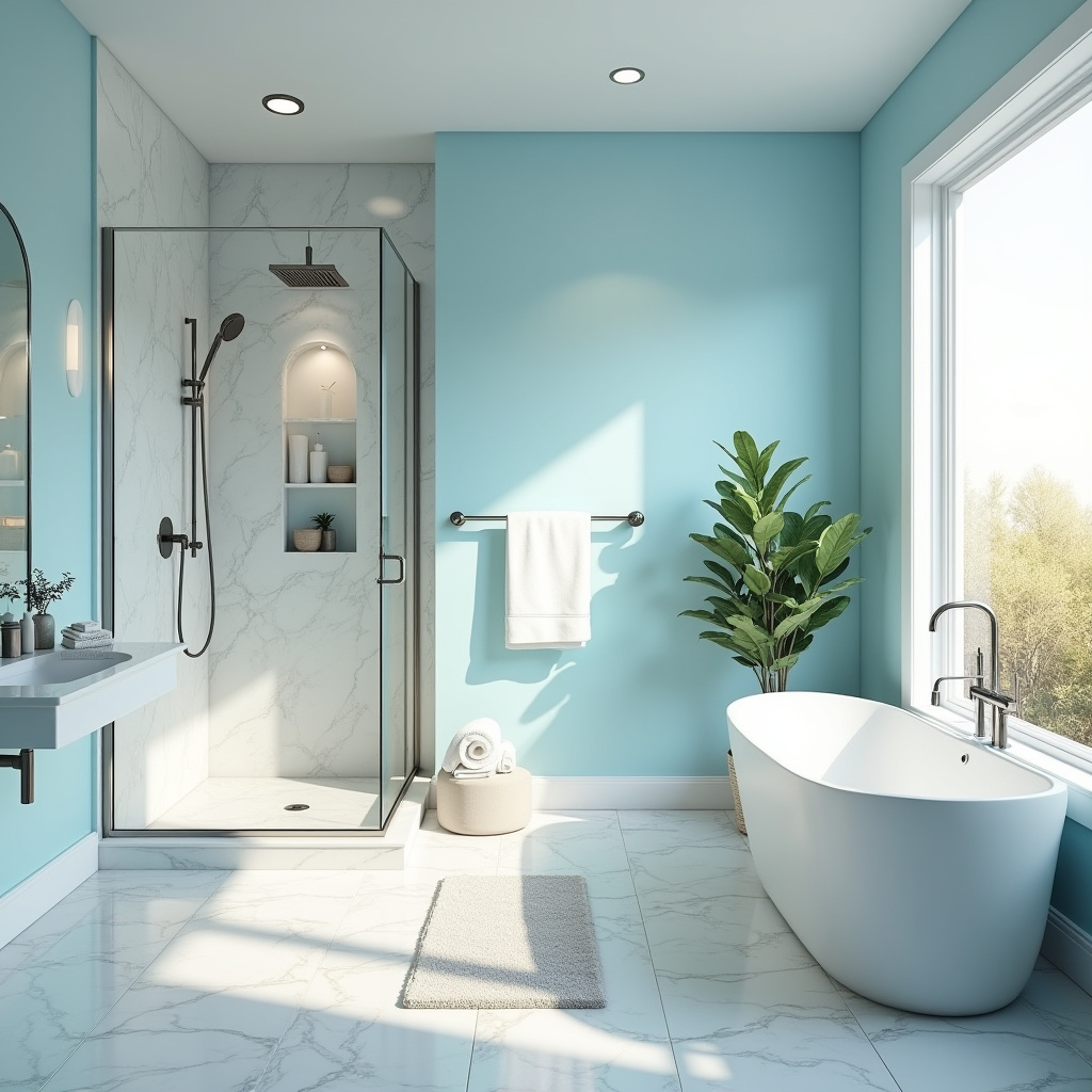 bathroom with light blue walls 13