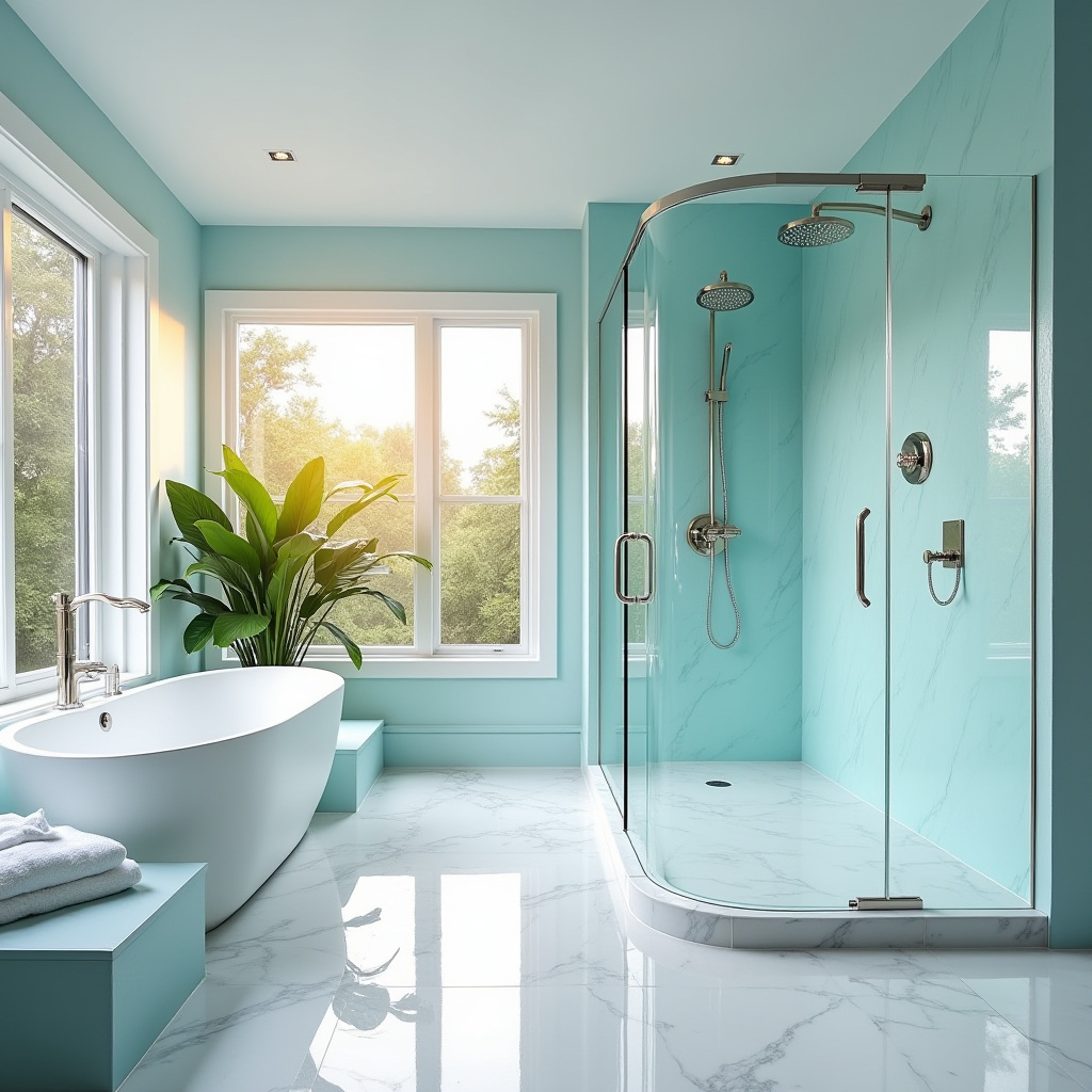 bathroom with light blue walls 14