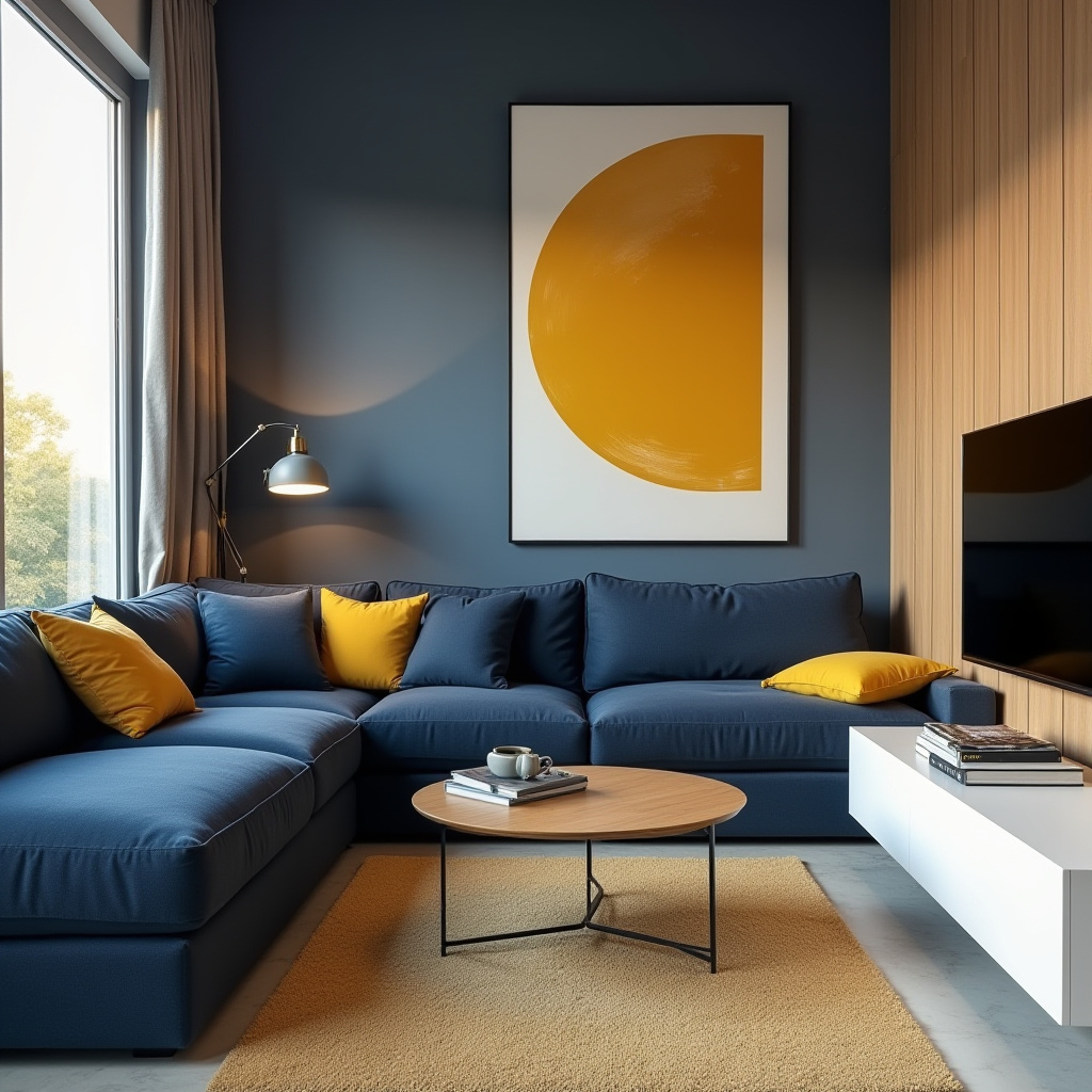 blue and mustard living room 11