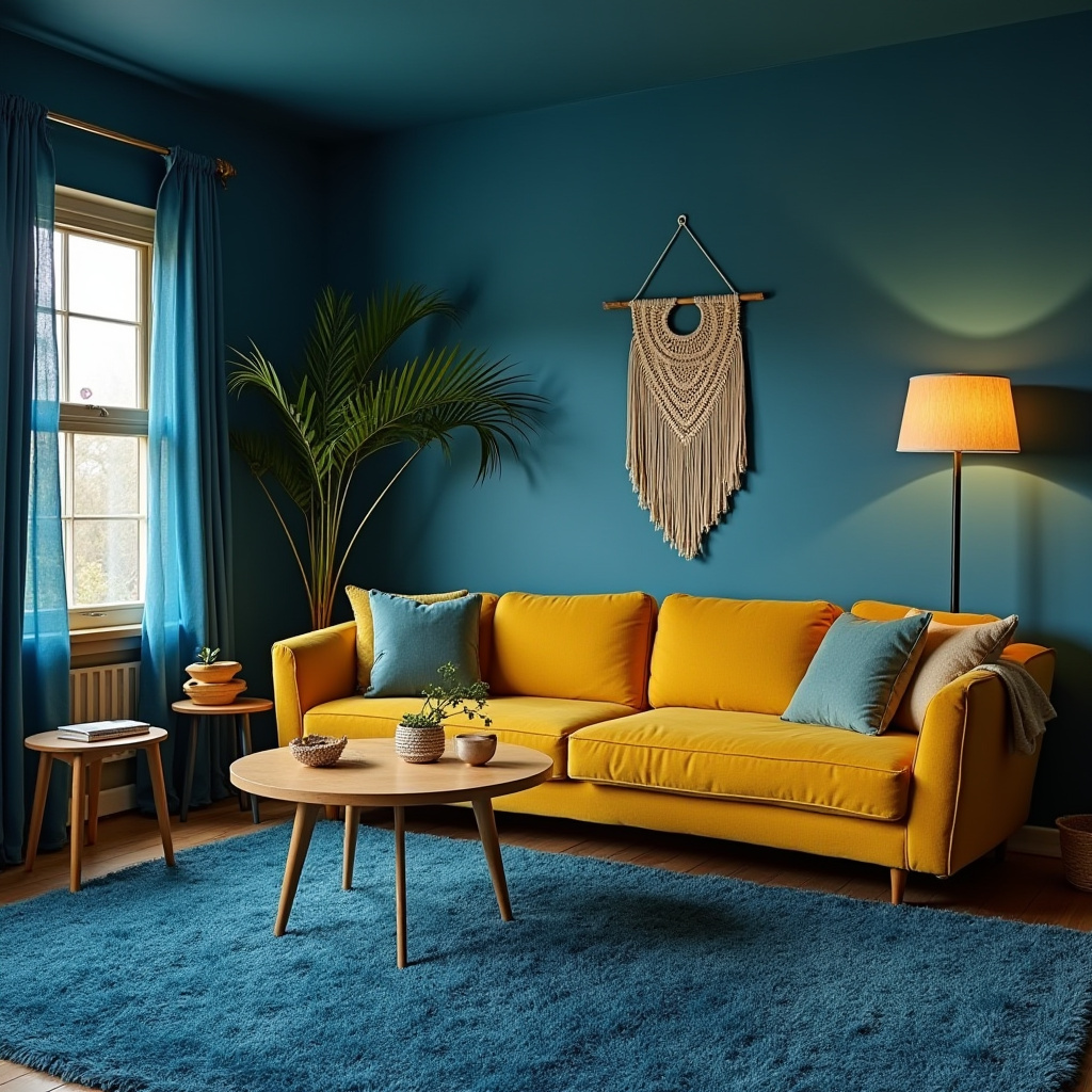 blue and mustard living room 39