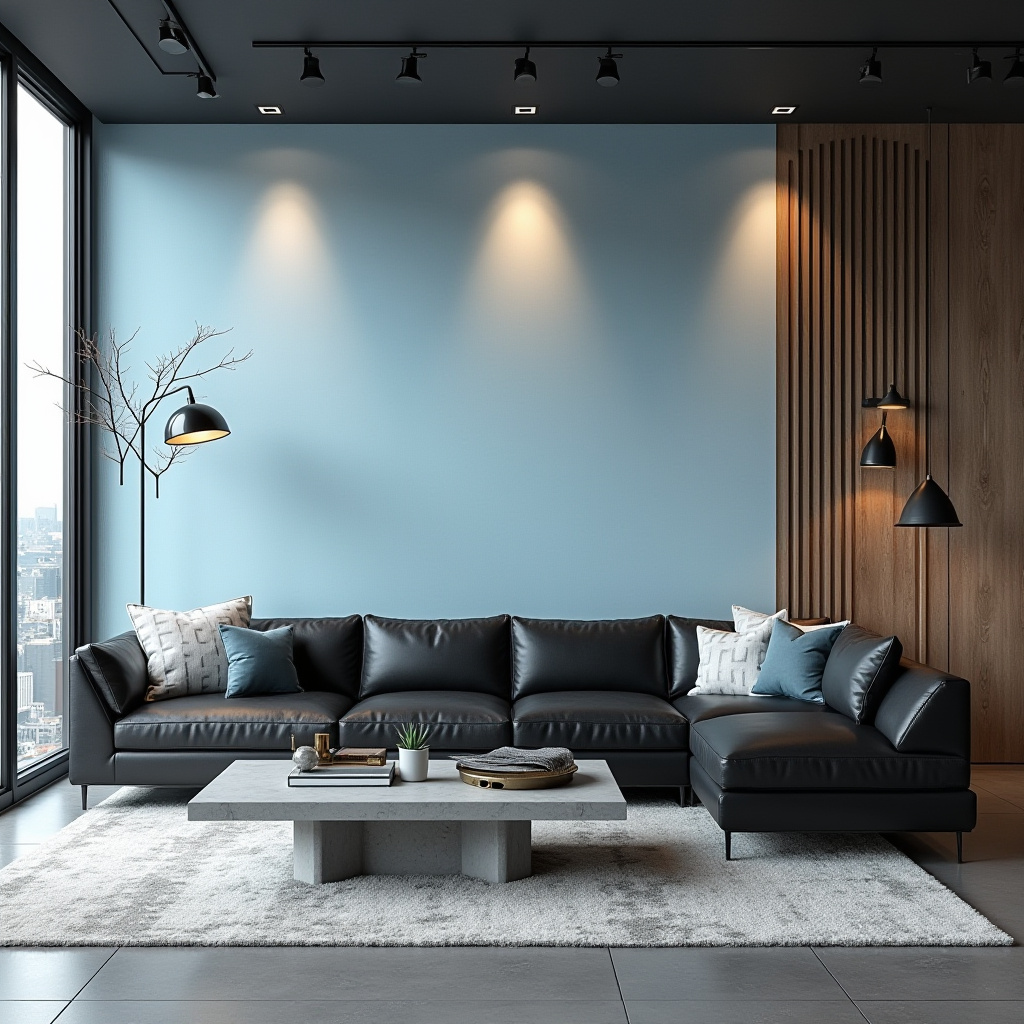 light blue accent wall living room 34