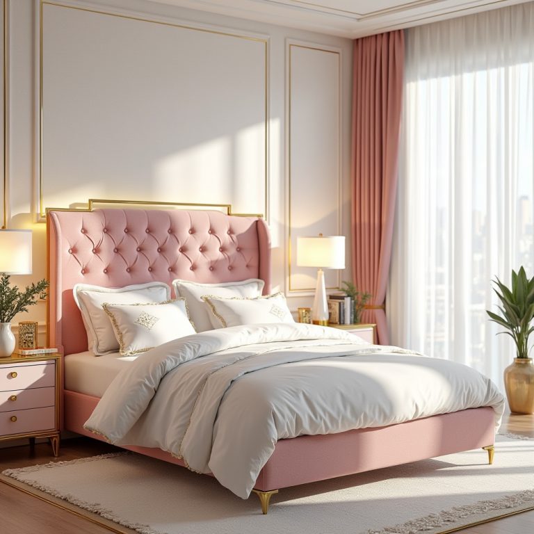 pink white and gold bedroom 1