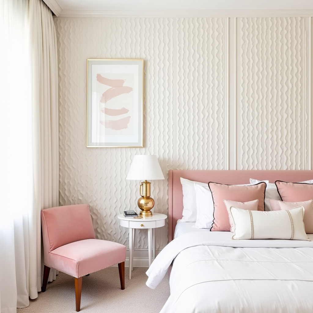 pink white and gold bedroom 36